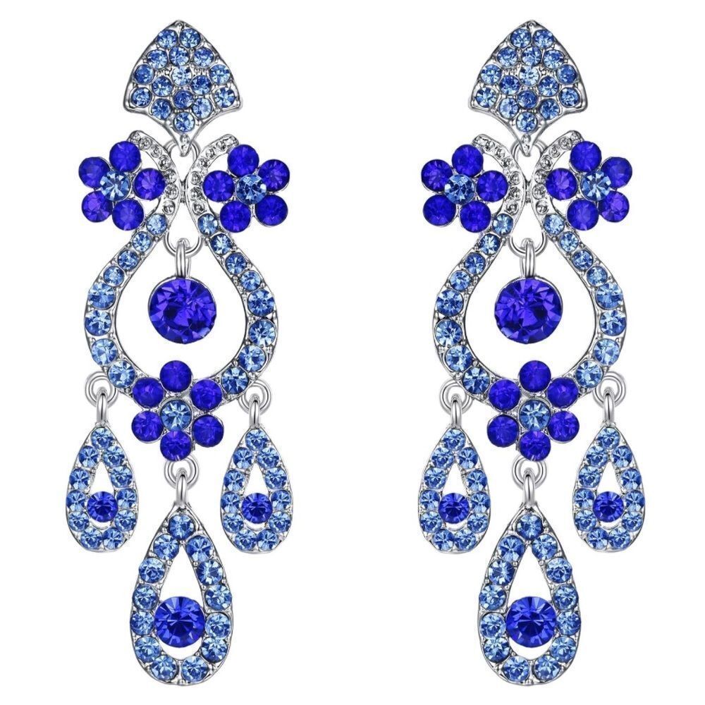 Silver with Royal Blue and Sapphire Austrian Crystal VaseโChandelier Earrings